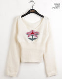Claim Deep U-Neck Flower Slim Long Sleeve Knit