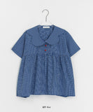 Geljik Check Frill Round Short Sleeve Blouse