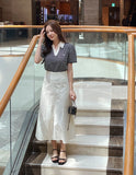 Heden Open Collar Stripe Puff Short Sleeve T-shirt