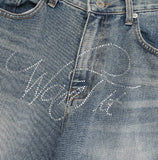 Crystal lettering washed denim pants