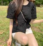 Honeycomb Embossed Material Mesh Lining Balloon Short Sleeve Blouse