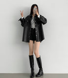 Tantan Chic Pocket Button Loose Fit Leather Jacket