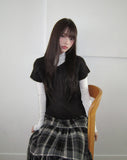 Moon round neck ribbon layered wool short sleeve knit