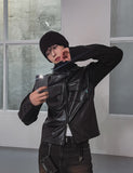 [LANARCH] Amber Leather Pocket Neck Zip-Up