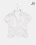 Pique Check V-Neck Shirring Puff Short Sleeve Blouse