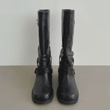 Two-way Buckle Shirring Slit Middle Boots