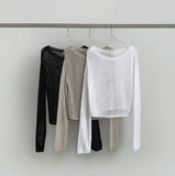 Loose-Fit Boat Neck Mesh Long Sleeve Knit
