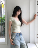 [1+1] Way Basic Slim U-Neck Short Sleeve