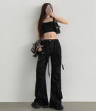 Waist Strap Low Waist Pocket Shirring Pin Tuck Wide Bootcut Pants