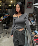 Tees Rib Button Unbalance Shoulder Long Sleeve