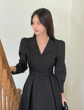 [PREMIUM] Piel Puff Collar Jacquard Long One Piece (Belt Set)