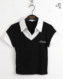 Blon Geek Chic Layered Fake Layered Vest Short Sleeve Shirt