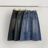 Simple Casual A-line 4-season Curved Line Denim Long Skirt
