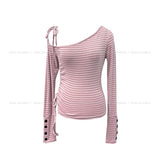 Delitte Stripe Unbalanced Shoulder Long Sleeve