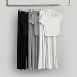 One Off-Shoulder T-shirt Two Pin Tuck Maxi Wide Pants Two Piece Set