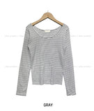 [U-BASIC] Seril Stripe U-Neck Long Sleeve Tee