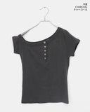 Az Pigment Washing Unbalanced One Off-Shoulder Button Short Sleeve T-shirt