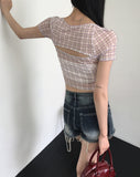 Botte Lace Ribbon Back Slit Checkered Mesh Short Sleeve T-shirt