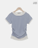 Poson Color Matching Shirring Short Sleeve T-shirt