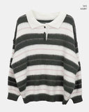 Here Color Matching Stripe Collar Neck Button Long Sleeve Knit