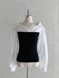 Tello Color Matching Knit Off-shoulder Shirt Blouse