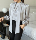 Huberin Satin Pintuck Ribbon Tie Blouse