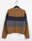 Wool Stripe Color Matching Button Round Long Sleeve Knitwear