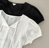 Summer Lace Pattern Puff Short Sleeve Ribbon Blouse