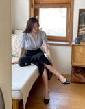 Shawang chiffon color matching shirring short sleeve blouse