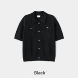 Leviron Two-Pocket Cut-out Collar Short-Sleeve Cardigan
