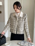 Demur Color Matching Collar Pattern Tweed Short Jacket