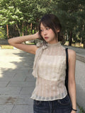 Peril See-through Ribbon Check Unbalance Blouse