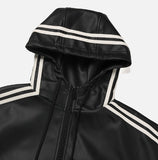Track shirring leather hooded jacket