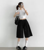Folding Pin Tuck Back Pocket Bermuda Shorts Cotton Pants
