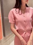 Elnia V-neck Puff Knit Cardigan H-Line Skirt Set