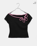 Mki Flower Slit Boat Neck Two-tone Short Sleeve T-shirt