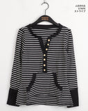 Mihoo Vintage Stripe Button Pocket Long Sleeve T-Shirt
