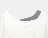 Royu Unbalanced Color Matching Shirring One-Off Shoulder Long Sleeve T-Shirt