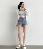 Summer Cutting Side Slit Ripped Denim Shorts