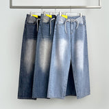 String Stopper Washing Long Wide Denim Pants