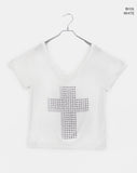 Chuking Cross Stud See-Through V-Neck Short Sleeve T-Shirt