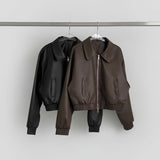 Autumn Pocket Zipper Loose Fit Leather Two-Way Crop Jacket