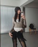 Ash Ribbed Deep Button Layered Long Sleeves