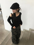 Block Unbalance Off Shoulder Shirred Long Sleeve Tee