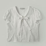 Petite Tie Puff Sleeve Crop Short Sleeve Blouse