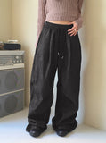 Furba Pintuck Shirred Raw Denim Two-Way Long Wide Jogger Pants