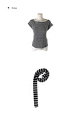 Scon Stripe Plain One-Shoulder Ribbon Short Sleeve T-Shirt