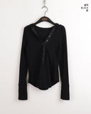 Evia Ttoto Button Slim Ribbed Hooded T-Shirt