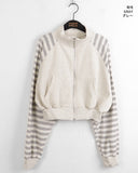 Choit Stripe Color Matching Half Neck Two-Way Pile Crop Zip-Up