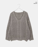 Dame Cable V-neck Loose Fit Long Sleeve Long Knit